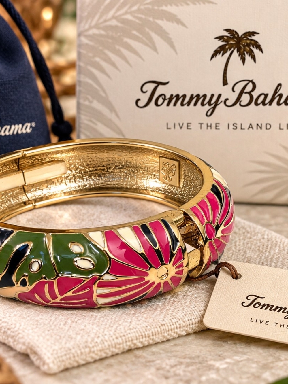 Tommy Bahama Pink & Green Floral Enamel Hinged Bangle Bracelet